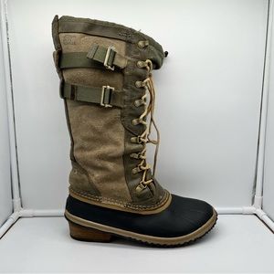 Sorel Boots Women 12 Conquest Carly II Tall Leather Lace Up NL2273-213 Tan Green